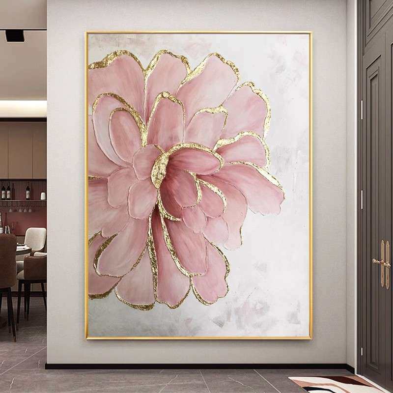 手绘油画金箔粉色花卉装饰画现代奶油风肌理画客厅挂画卧室床头画
