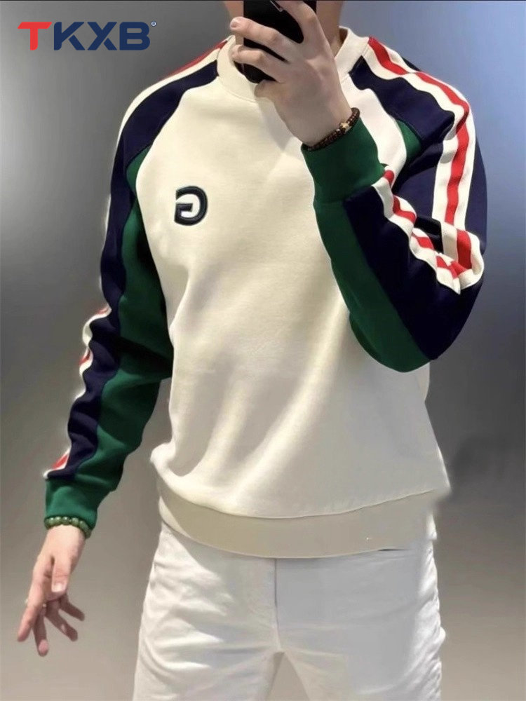 欧货条纹撞色卫衣男士2025新款春秋冬季加绒上衣圆领长袖t恤男款