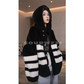 休闲女士外套SZ SOURWZZI 所姿100%羊毛撞色连帽时尚 26336