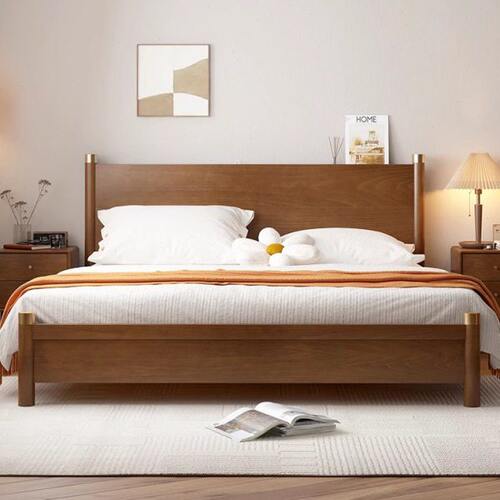 北欧轻奢榉木全实木双人床大床1.8米1.5床北欧胡桃木色床