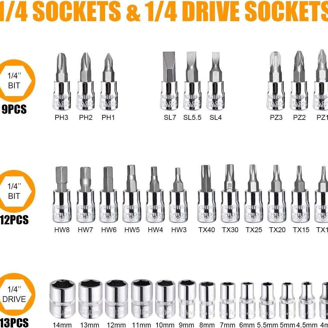 46件1/4英寸驱动套筒棘轮扳手套装公制钻头套筒加长杆手动工具盒