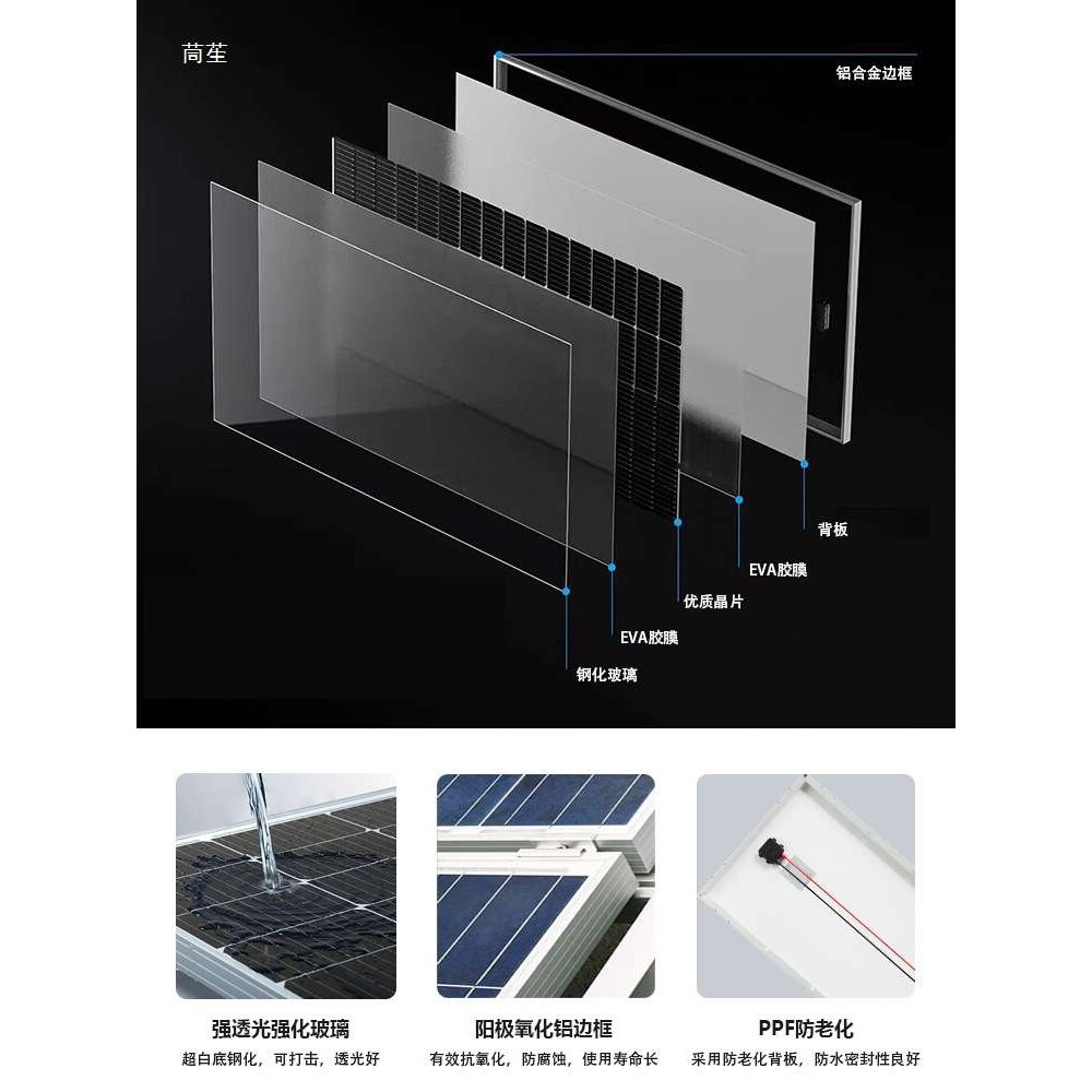 单晶硅电池板30W50W80W100W200W300W发电板12V电瓶直充家用光伏板