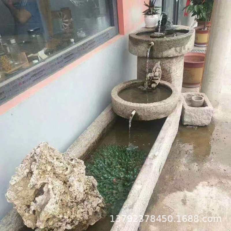 老石槽户外流水造景摆件庭院景观石磨水景旧石头鱼缸水槽阳台花盆