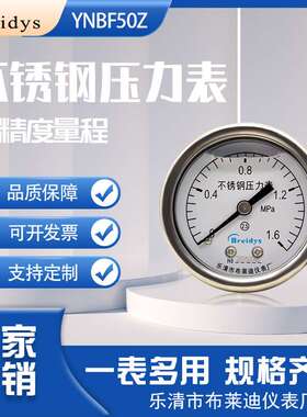 不锈钢压力表YNBF50Z轴向耐震压力表高精度1.6mpa水压气压洗车机