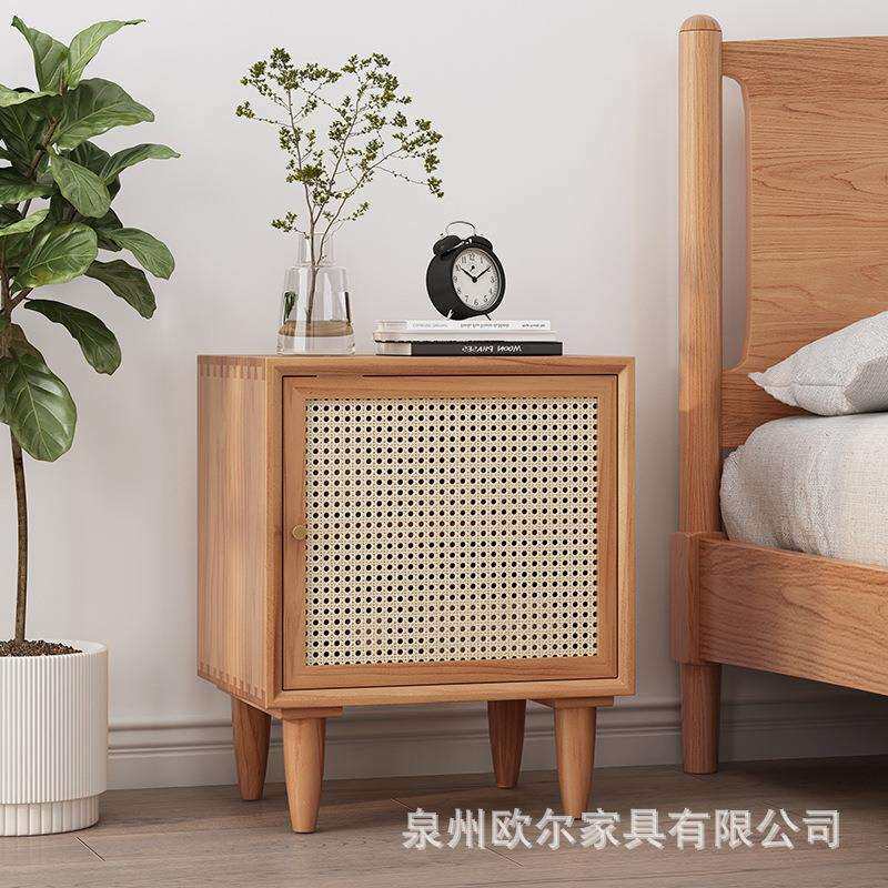 北欧全实木床头柜 现代简约小户型藤编沙发卧室台灯储物收纳柜