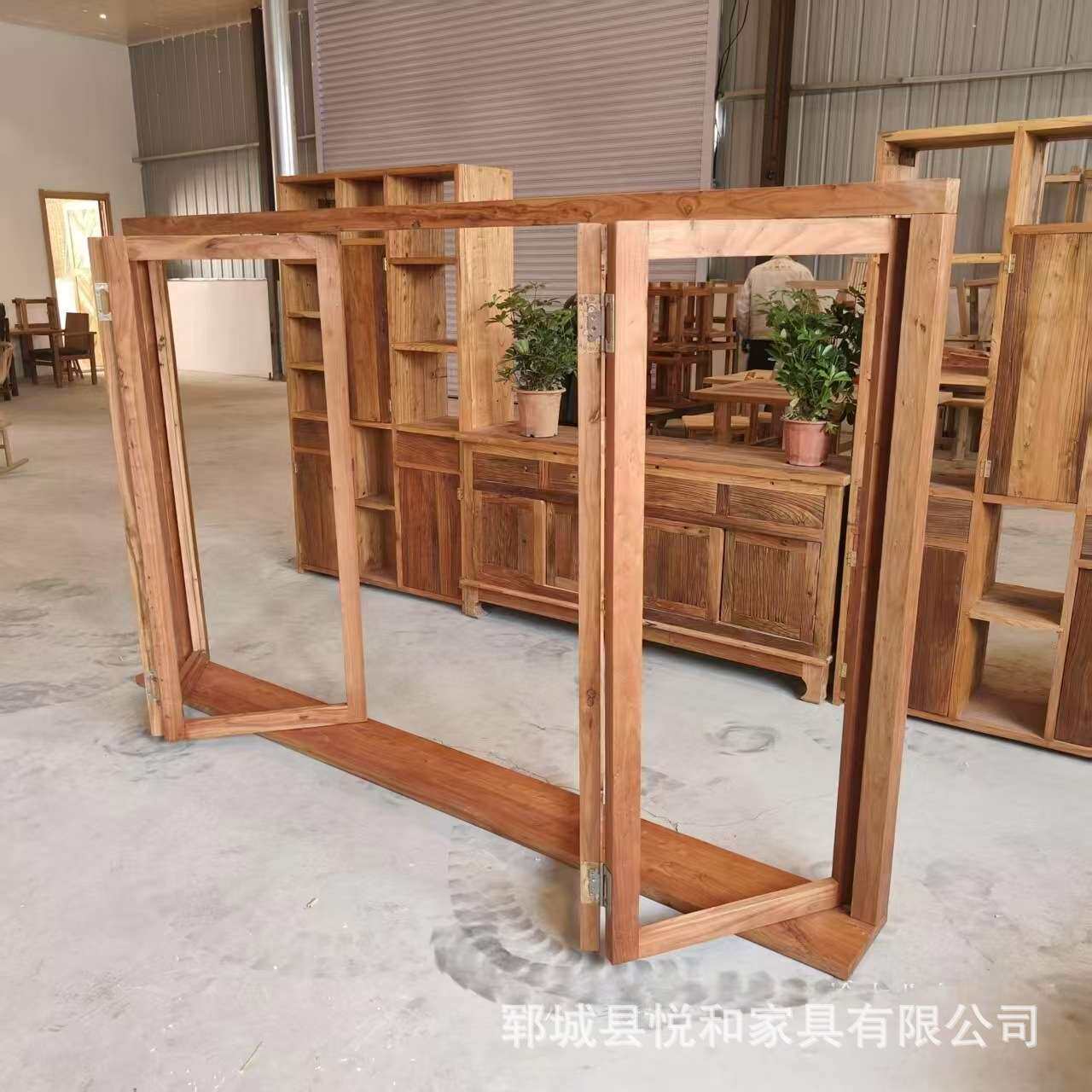 新中式老榆木窗户奶茶店咖啡厅复古窗框实木折叠窗框民宿网红窗户