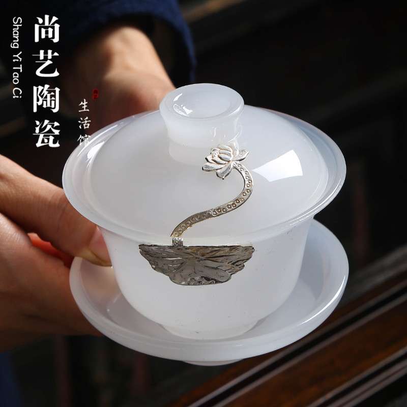 琉璃玉瓷盖碗 鎏银三才杯大茶碗家用大号简约透明功夫泡茶器单个