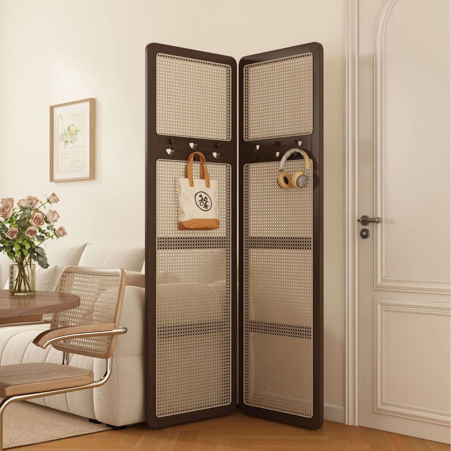 折叠屏风隔断客厅卧室遮挡复古风四扇藤编工艺现代简约可移动座屏