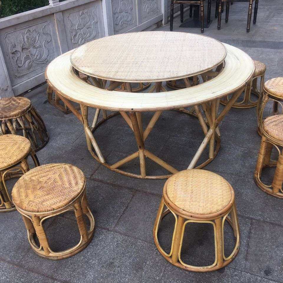 西双版纳傣族藤蔑餐厅商用吃饭转动藤编桌泰式餐桌餐厅桌椅绢花