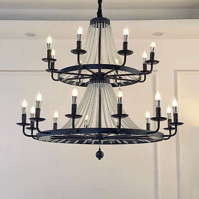 法式别墅水晶挑空客厅吊灯复式酒店中空车轮楼梯美式乡村复古蜡烛