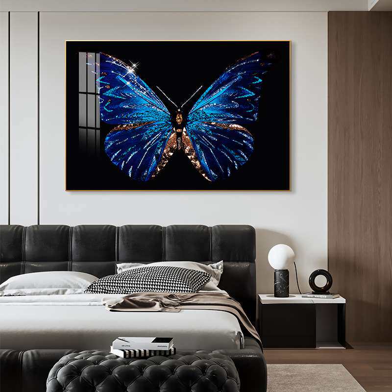 现代简约轻奢晶瓷镶钻装饰画大气沙发背景壁画蓝蝴蝶餐厅玄关挂画