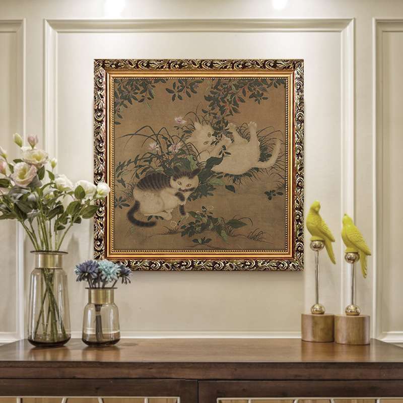 猫咪装饰画唐代嬉春图法式复古风新中式儿童房卧室壁画动物挂画