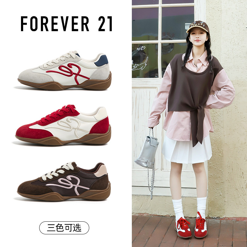 F21红色真皮德训鞋女2026新款超火厚底鞋巨好看百搭运动阿甘鞋