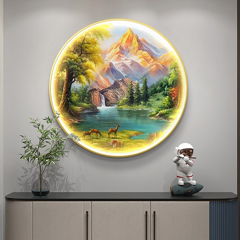 聚宝盆玄关装饰画山水画沙发背景墙挂壁圆形简约手绘油画风景挂画图片