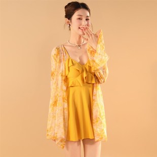 花房姑娘简约高级感纯欲风连体泳衣女小胸聚拢长袖 两件套度假 罩衫