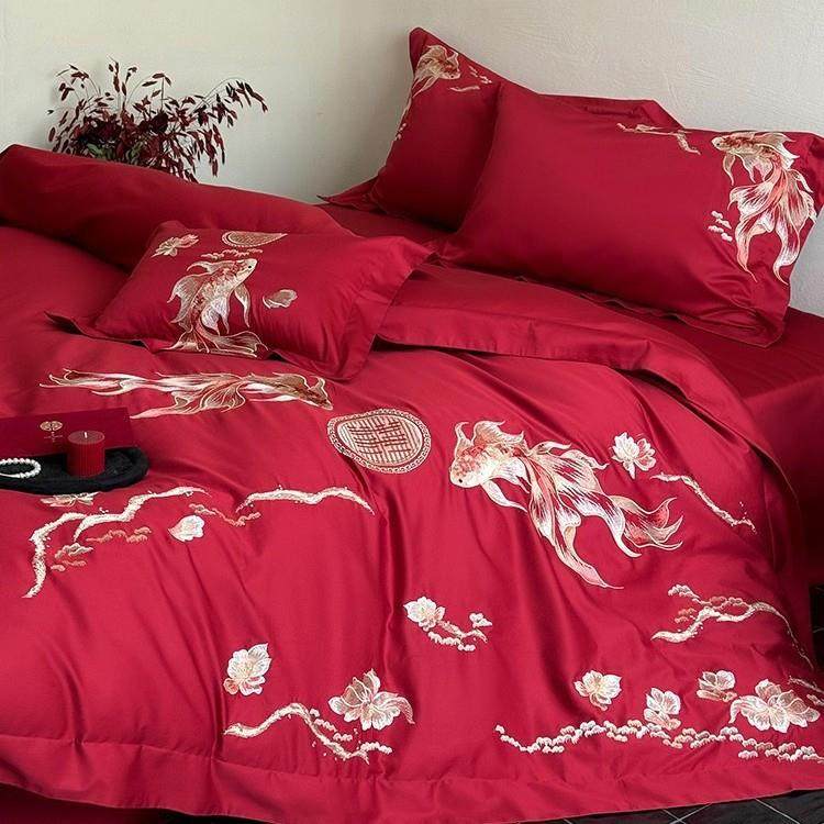 高端全棉红色被套婚庆四件套新中式锦鲤刺绣结婚喜嫁被套床上用品