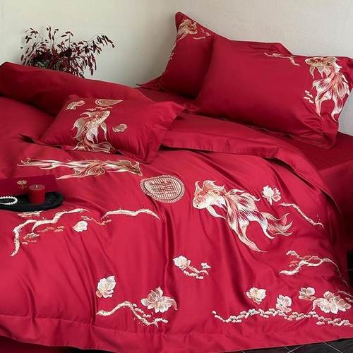 高端全棉红色被套婚庆四件套新中式锦鲤刺绣结婚喜嫁被套床上用品
