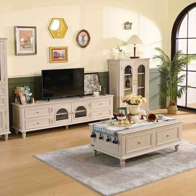 法式奶油风白色实木电视柜茶几组合小户型客厅现代简约收纳柜