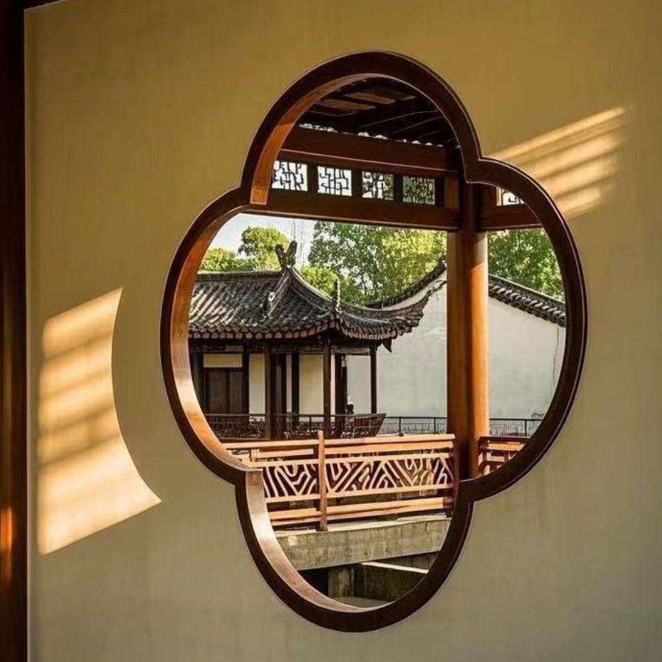 宋式美学实木小轩窗设计师家用屏风花窗隔断装饰木框海棠造型窗