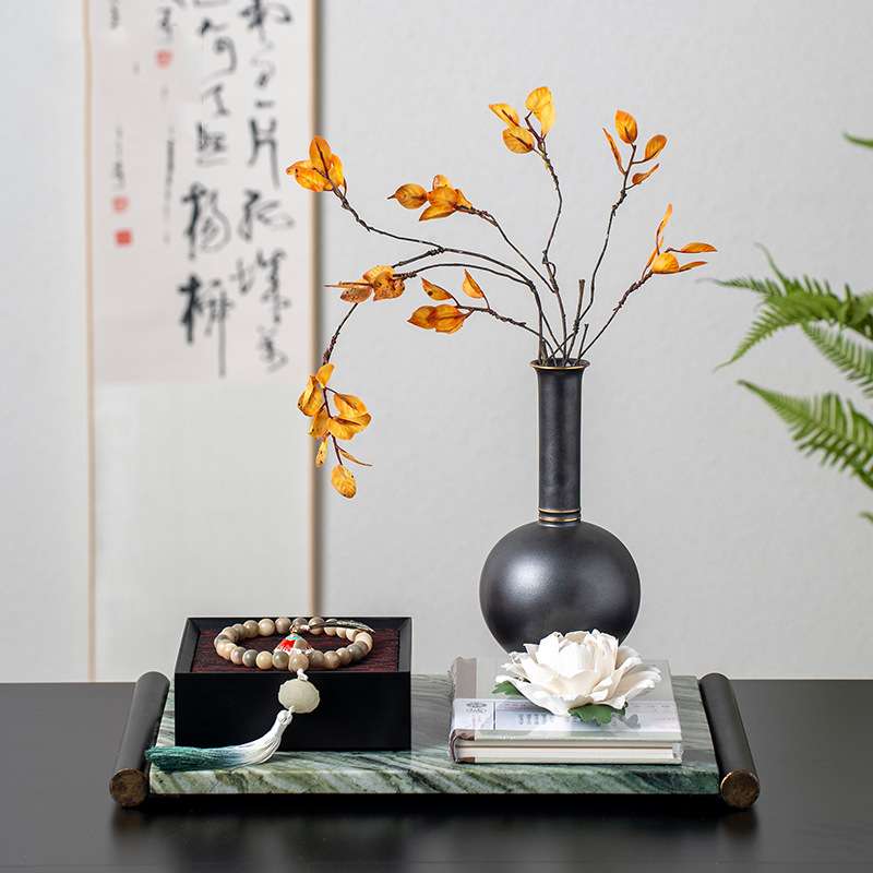 新中式禅意花器托盘组合摆件宋代美学茶几书房样板间飘窗茶桌装饰