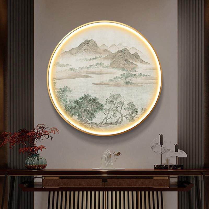 山水新中式禅意风景玄关装饰画发光LED氛围灯画国画书房挂画圆形