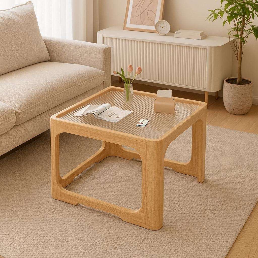 全实木玻璃茶几家用客厅阳台卧室中古风桌子小户型简约小茶桌边几