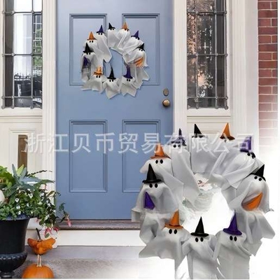 跨境 Spooky Ghosts Halloween Wreaths 白色鬼魂花环万圣节装饰