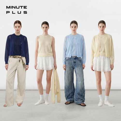 MinutePlus晴日亚麻圆领针织开衫休闲两件套纯色百搭上衣MP65TS01