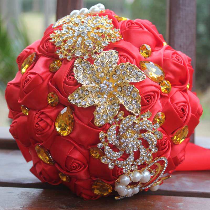金钻手捧花新品韩版浪漫新娘手捧花束红婚庆花束金水钻花现货W227