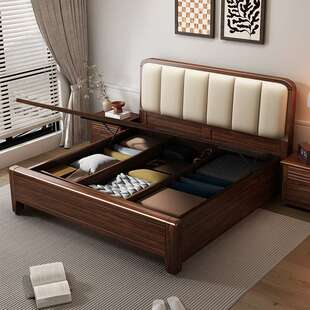 实木1米5的床加床垫1米8床双人床榫卯结构现代简约高箱气压储物床