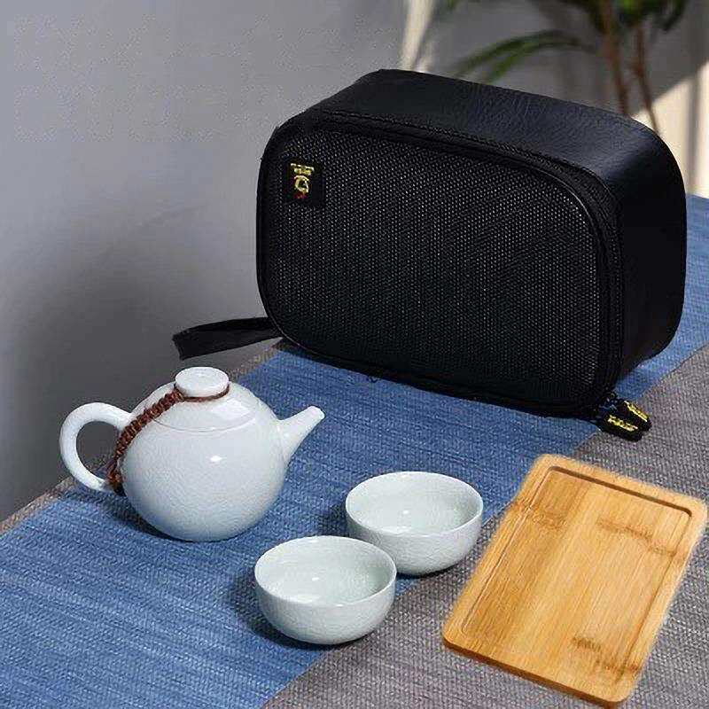 功夫陶瓷便携车载旅行茶具套装一壶二杯汝窑家用户外瓷器搭配竹盘