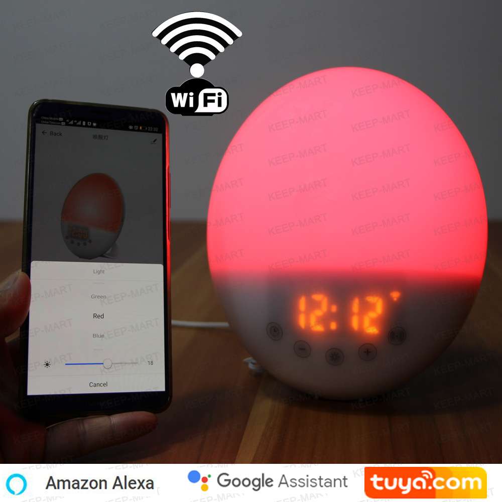 智能App日出日落起床灯电子闹钟Alexa声控Wifi唤醒灯闹钟七彩夜灯