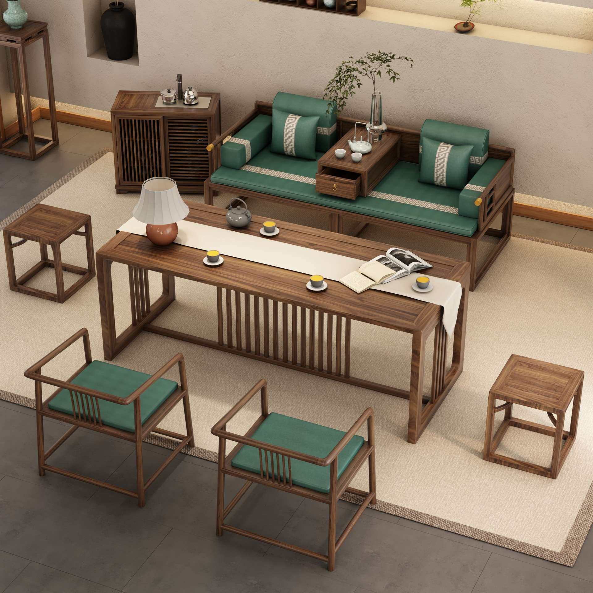 茶桌配罗汉床老榆木小户型实木伸缩沙发椅组合新中式推拉床塌贵妃