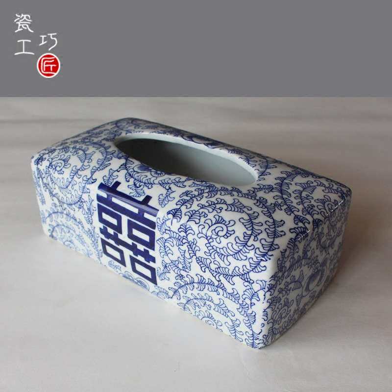 青花陶瓷家用简约抽纸盒欧式客厅茶几摆件餐厅装饰纸抽盒餐纸巾盒