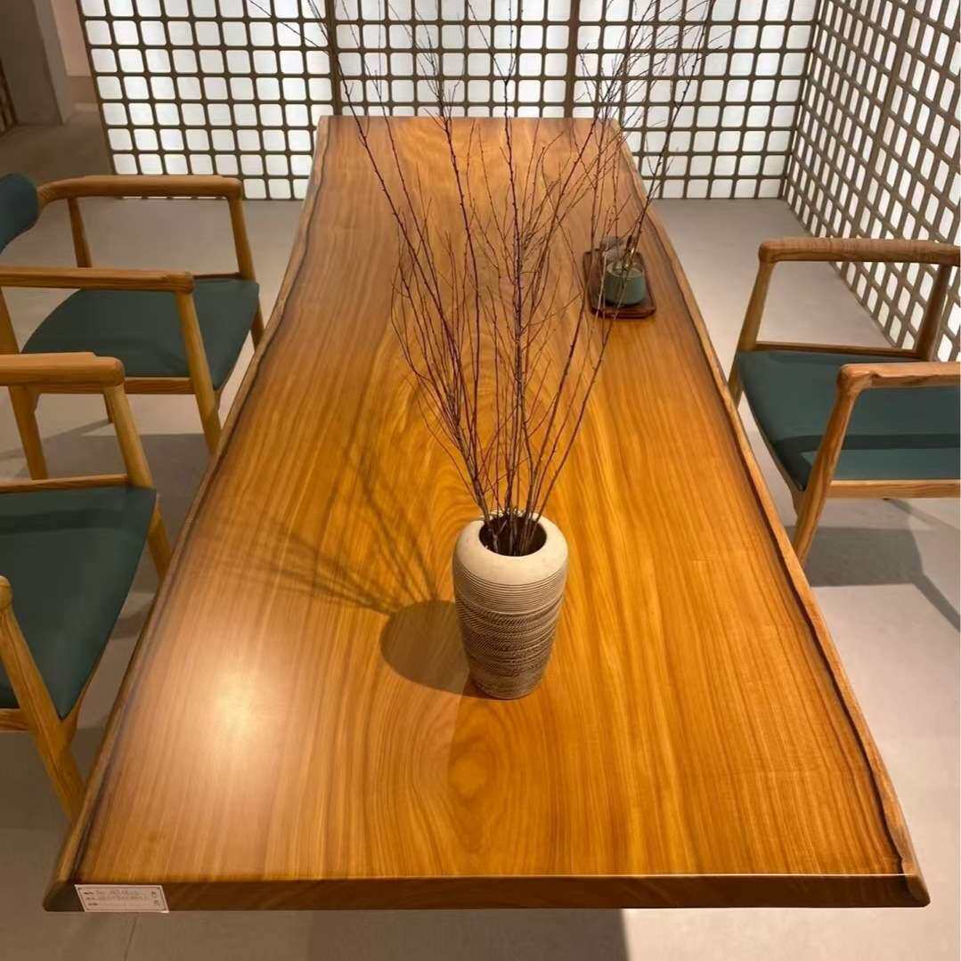 非洲柚木实木大板茶桌茶台餐桌新中式原木办公桌电脑书桌工作台