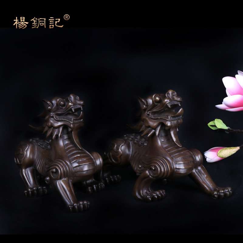 杨铜记 铜貔貅一对摆件铜器摆件居家店铺装饰 咖啡色 独角貔貅