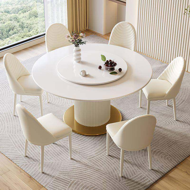 意式极简奶油风岩板圆吃饭桌子家用小户型现代简约带转盘餐桌