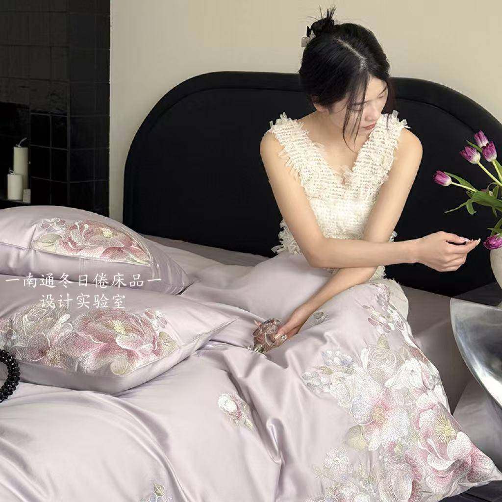 100支长绒棉全棉床上四件套 春夏季田园刺绣贡缎丝滑纯棉床单被套