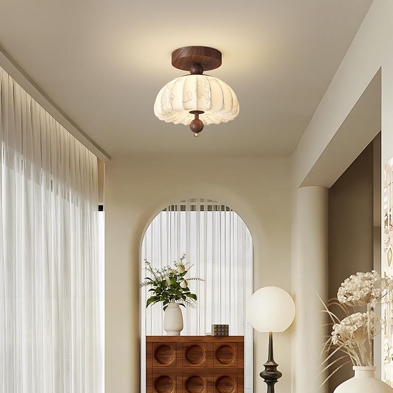 中古风印花布艺宋式复古床头小吊灯2025新款奶油走廊过道玄关灯具