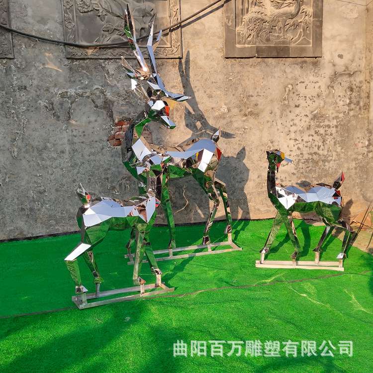 不锈钢几何鹿现货 镜面不锈钢切面鹿 带鹿角 园林绿地装饰