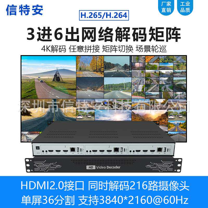 3进6出高清网络解码矩阵h265/H264数字监控视频36画面割分解码器