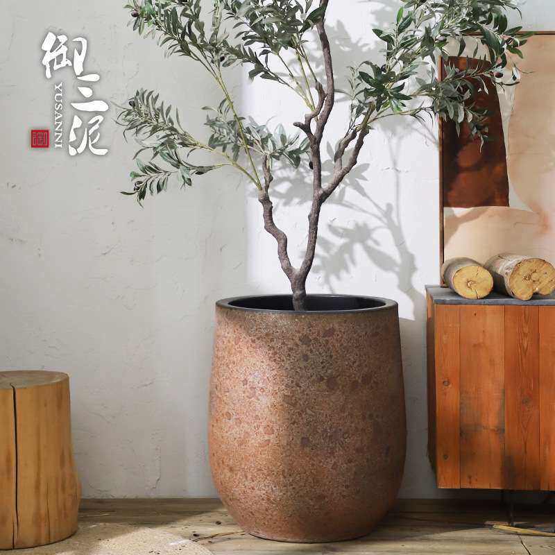 御三泥粗陶现代北欧花盆复古红陶釉色大号花瓶绿植种植盆装饰摆件