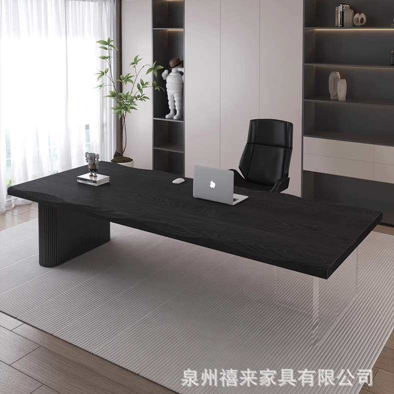意式极简实木老板桌现代原木大板工作台黑色书桌创意办公桌椅组合