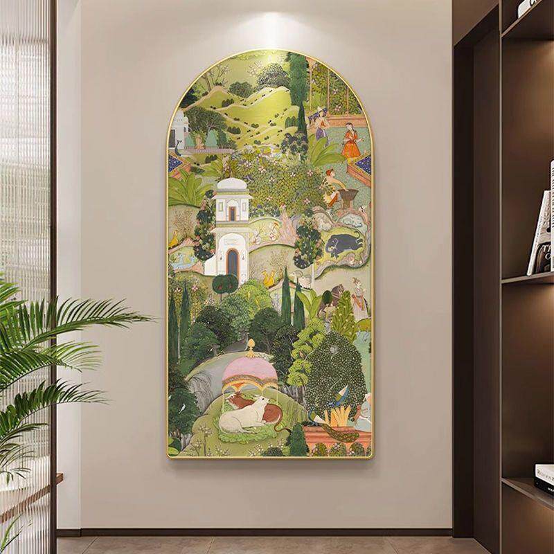 法式入户玄关装饰画复古花鸟拱形壁画轻奢奶油风走廊过道竖版壁纸