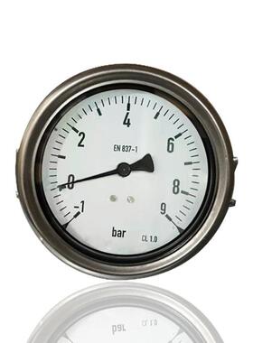 充油抗振轴向压力真空表不锈钢加液注油无边YBN100Z -1~9bar G1/2