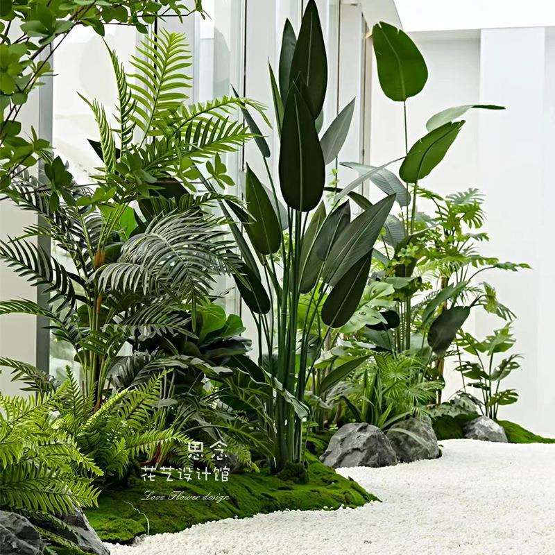 仿真植物造景公司通道入口玻璃窗过道花艺软装简约设计感绿植