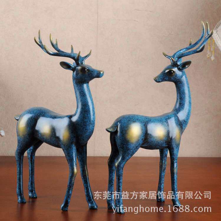 欧式树脂工艺品摆件 欧美风格家饰 蓝色对鹿摆件 大厅卧室摆设