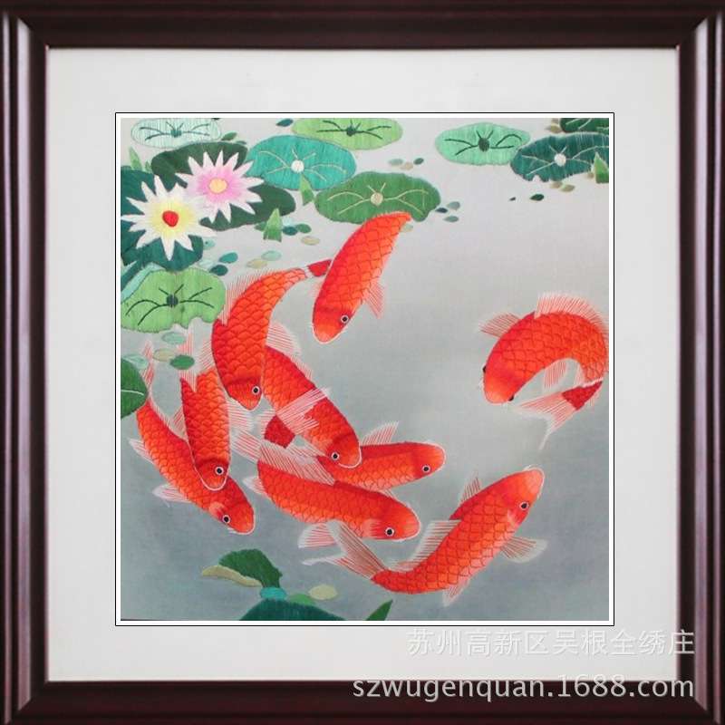 厂家生产苏绣成品客厅书房卧室带框装饰画苏州手工刺绣年年有余