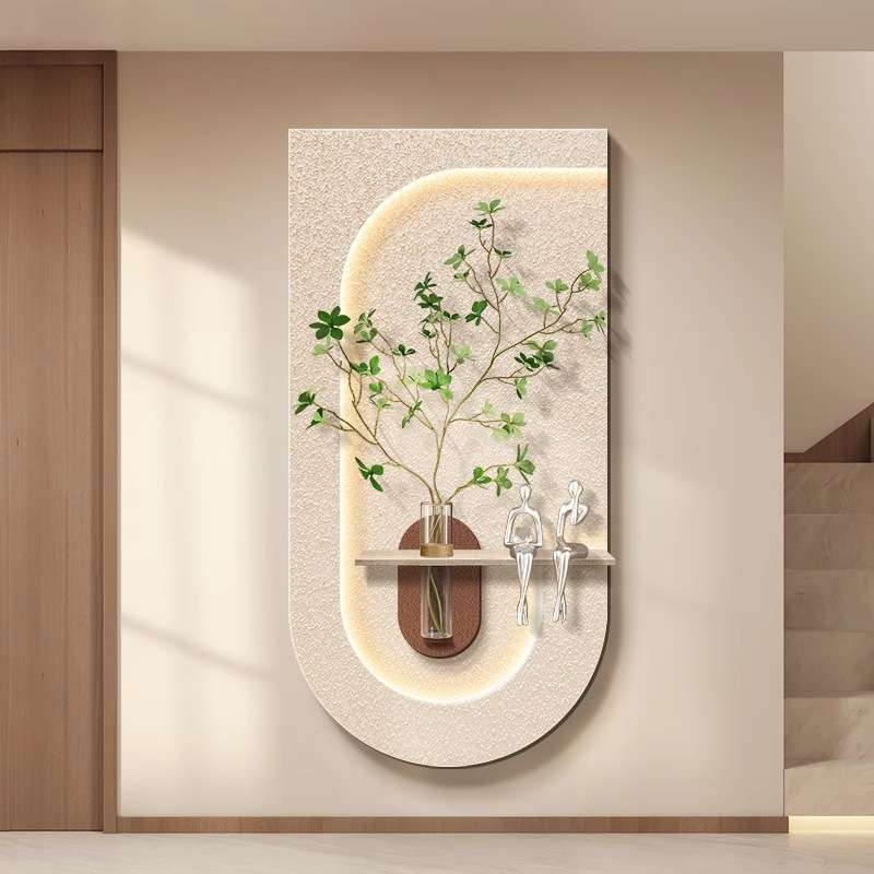 奶油风水培绿植入户玄关装饰画立体砂岩走廊过道尽头挂画客厅壁画