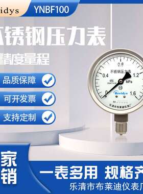 进口式不锈钢压力表YNBF100耐酸碱耐腐蚀水压气压液压0-1.6MPa